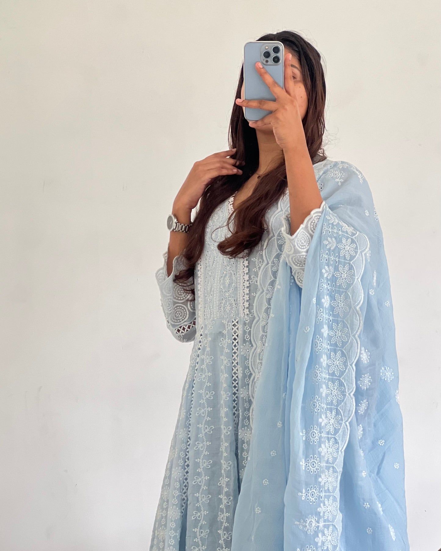 Powder blue cotton thread-work Anarkali set