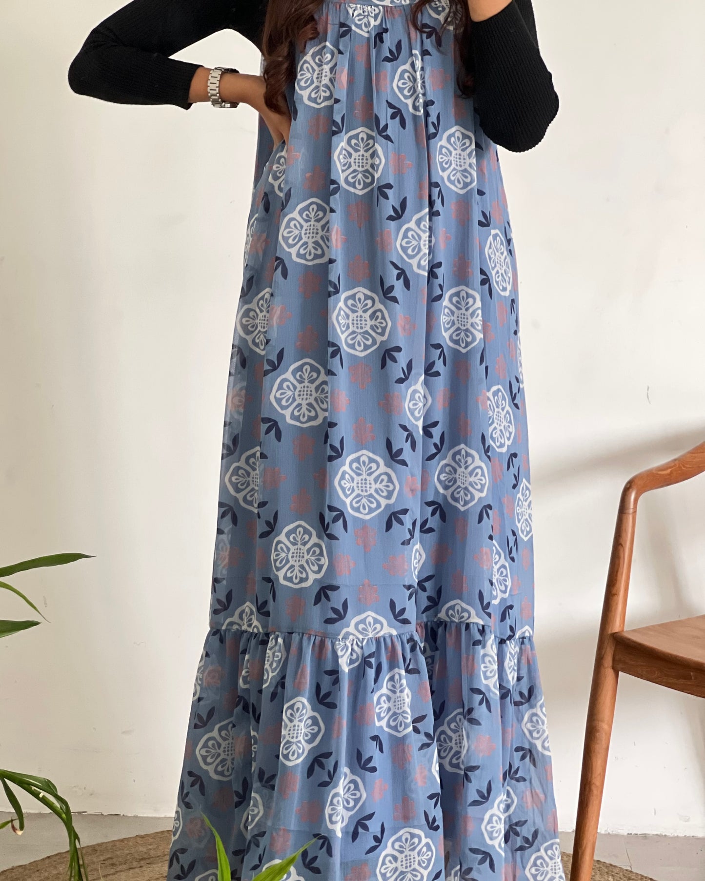 Blue printed pinafore with inner