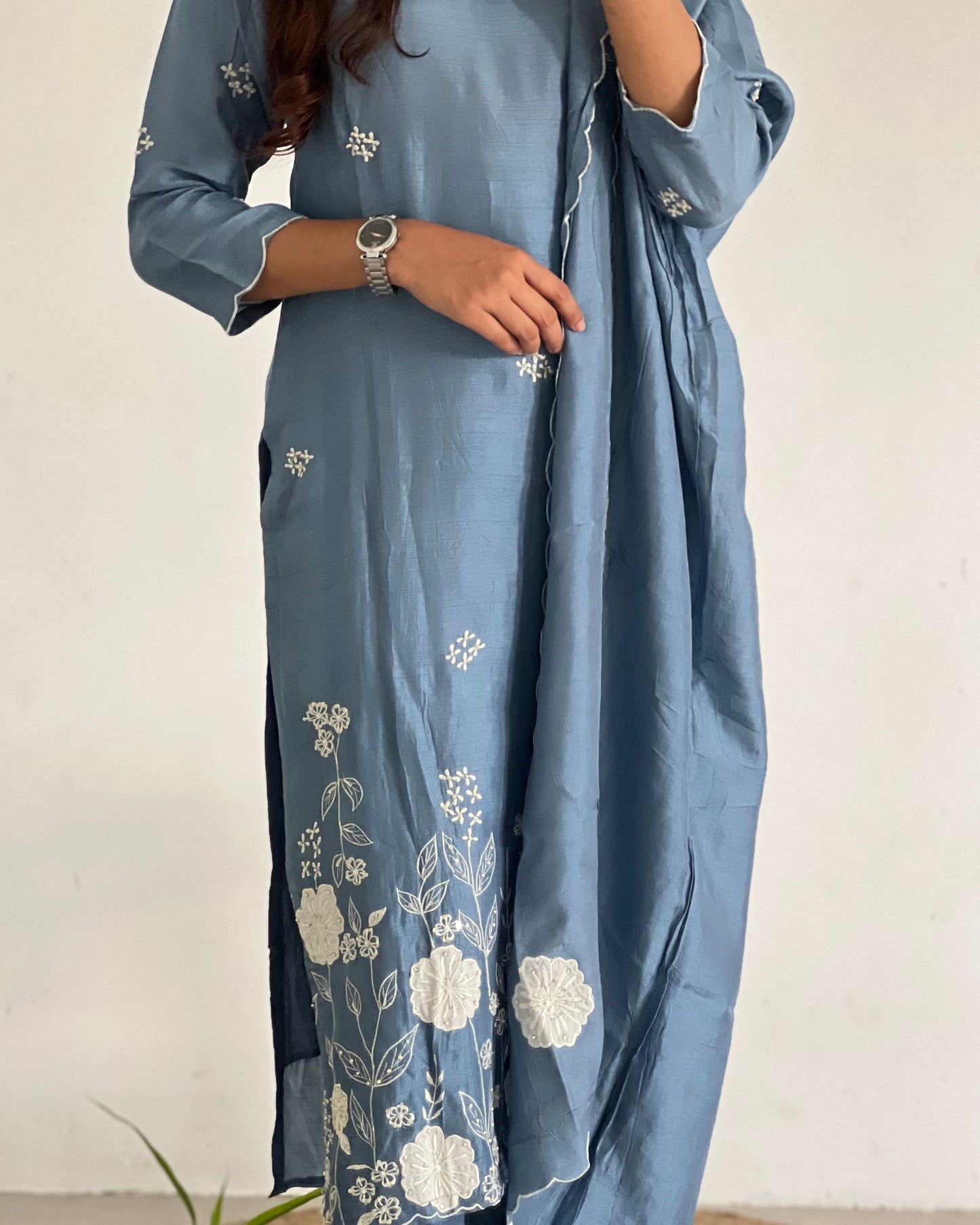 Light blue Straight-cut machine embroidery salwar