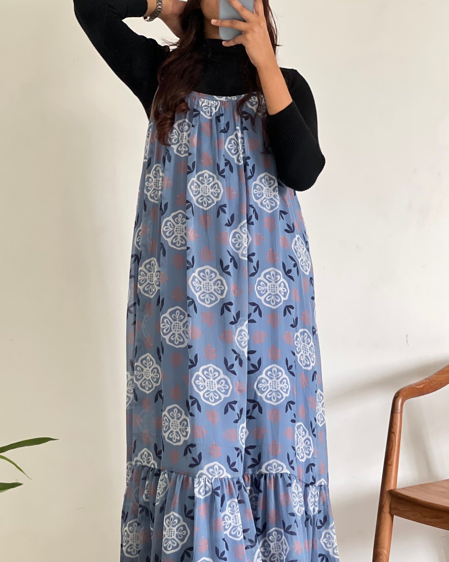 Blue printed pinafore with inner