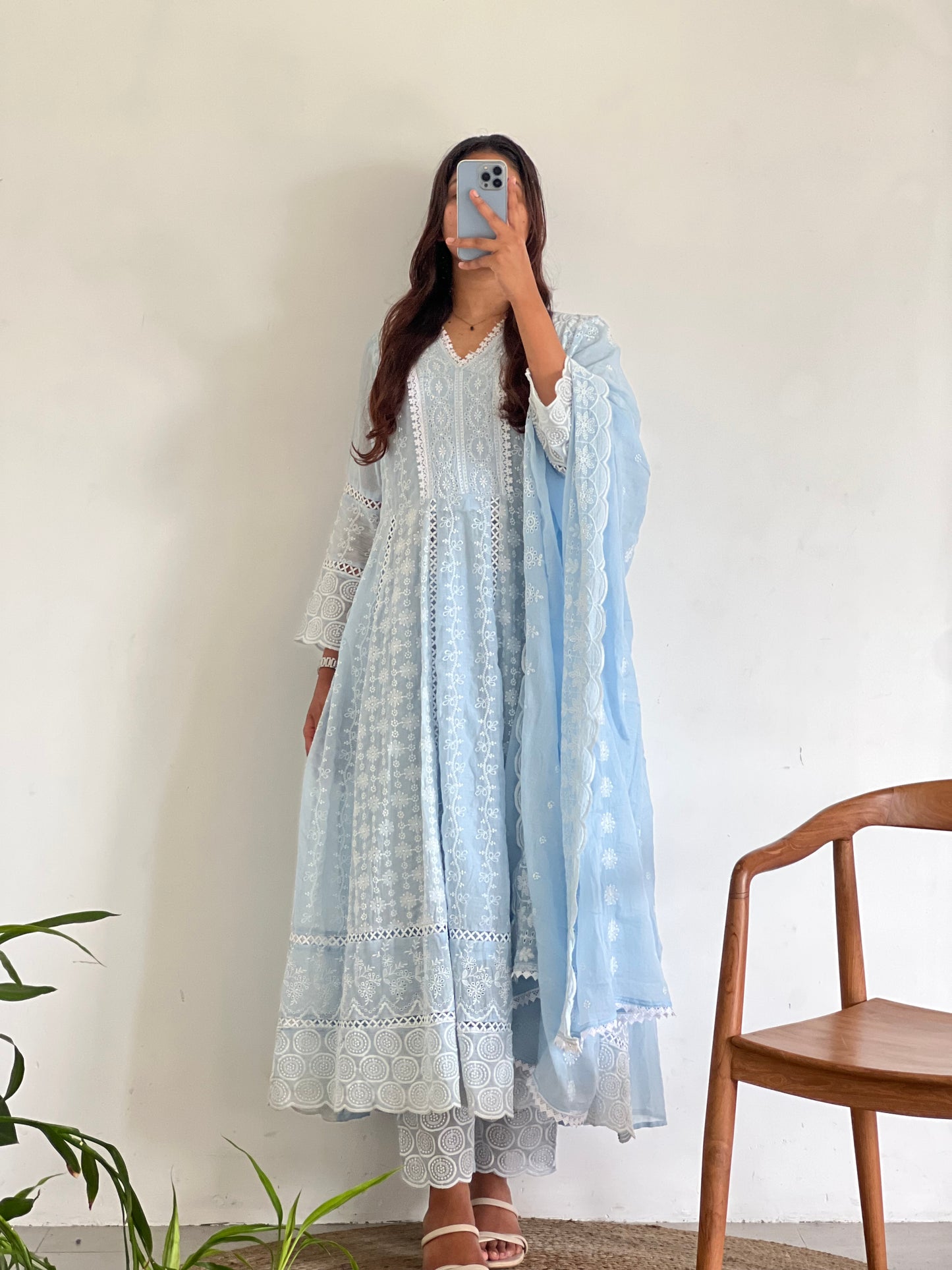 Powder blue cotton thread-work Anarkali set