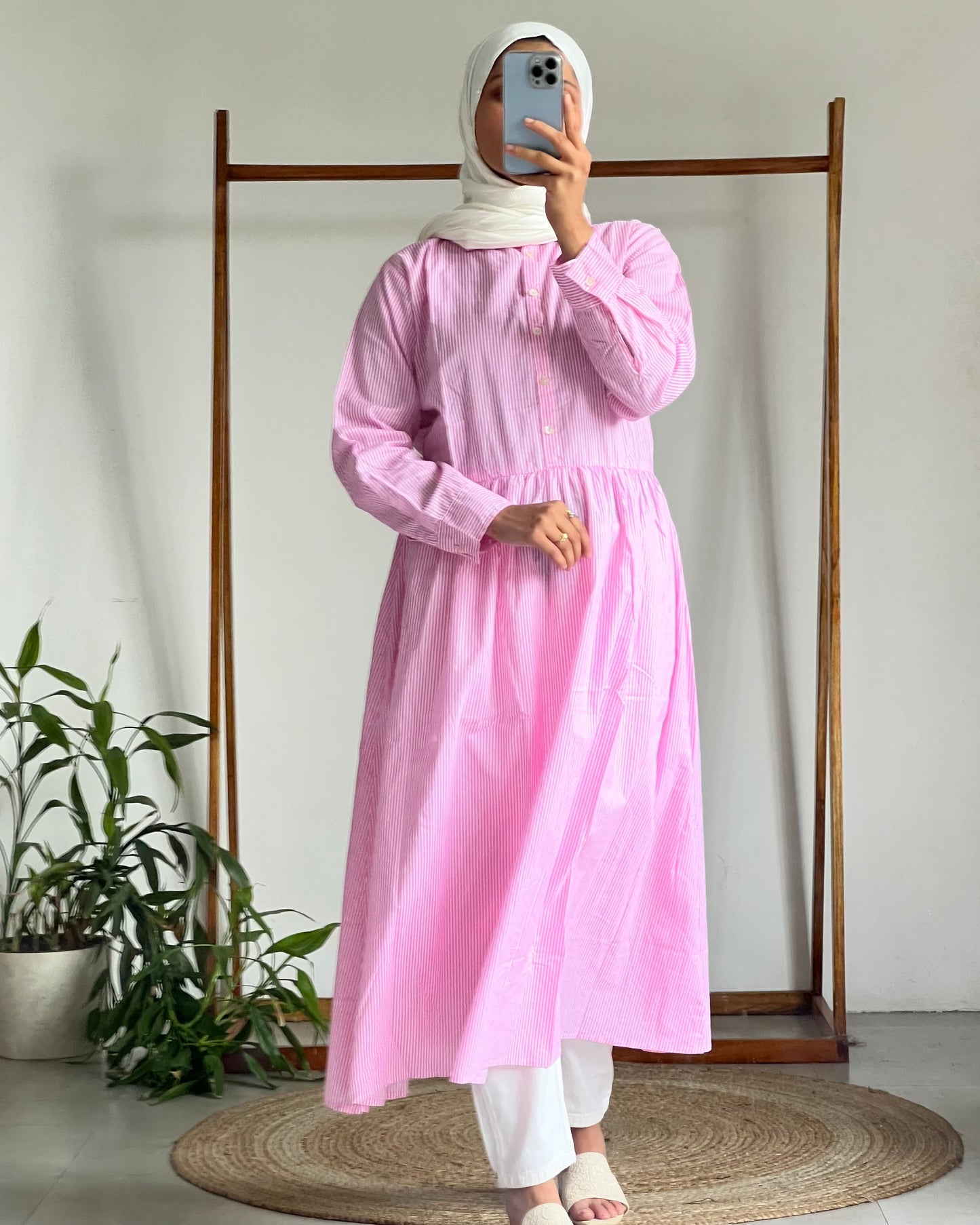 Pink striped shirt dress