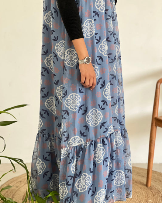 Blue printed pinafore with inner