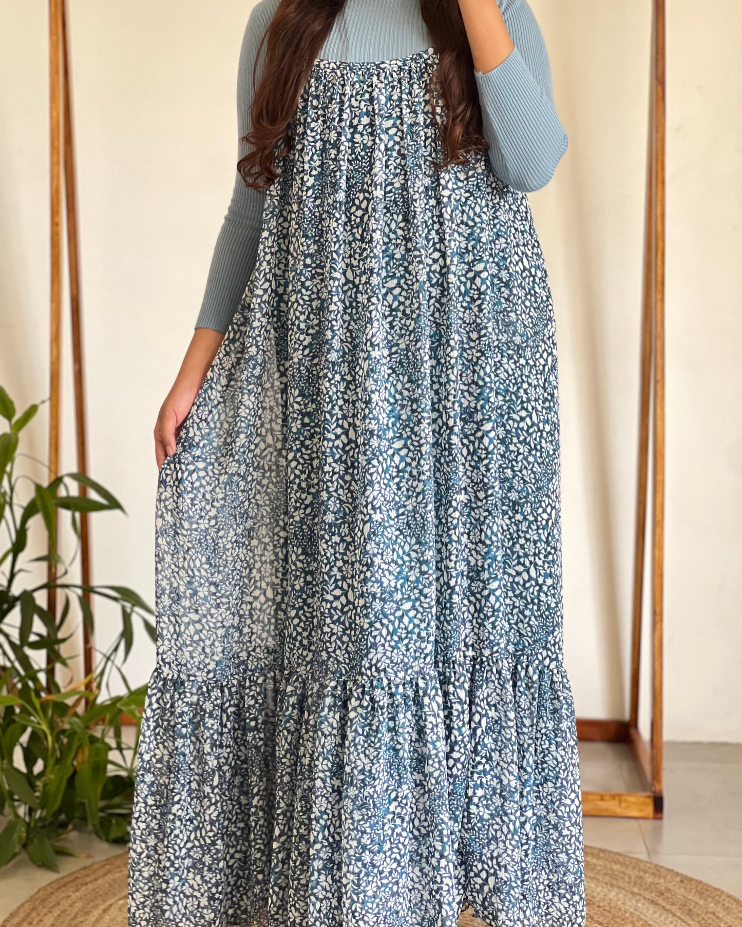 Blue printed pinafore with inner