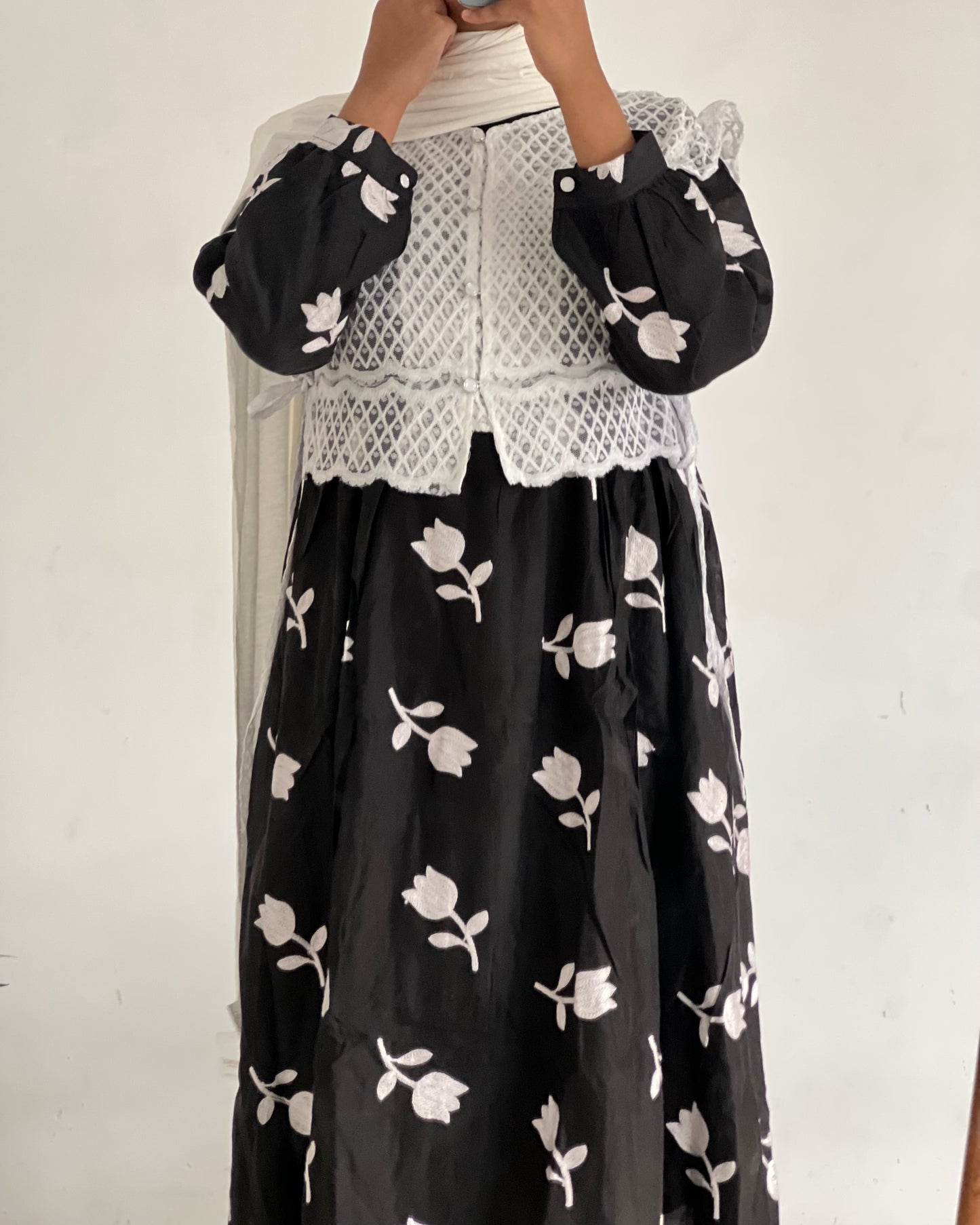 Black & white floral machine embroidery dress with lace