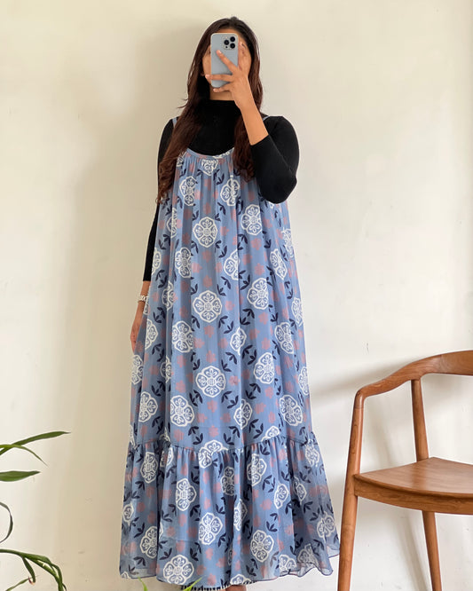 Blue printed pinafore with inner