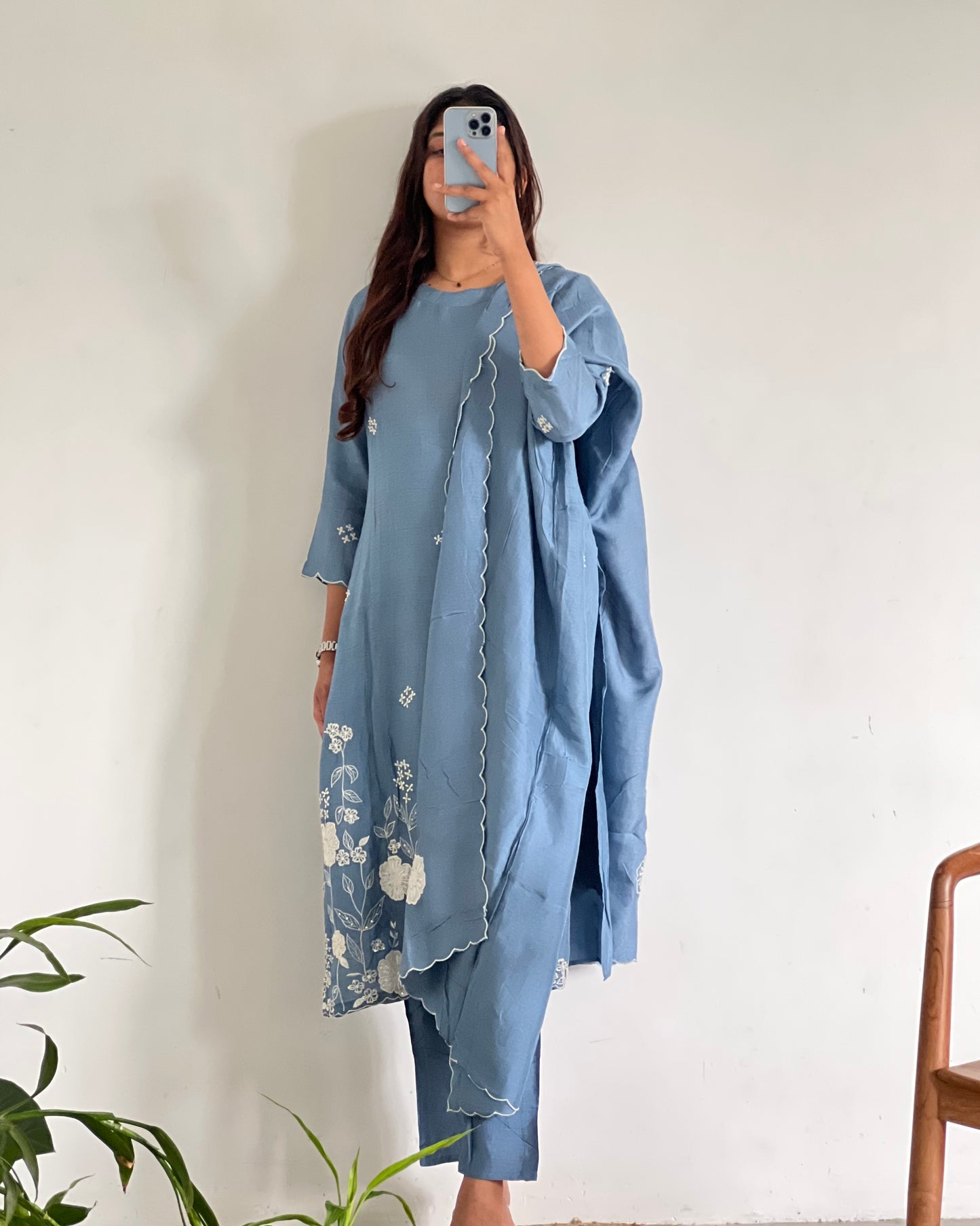 Light blue Straight-cut machine embroidery salwar