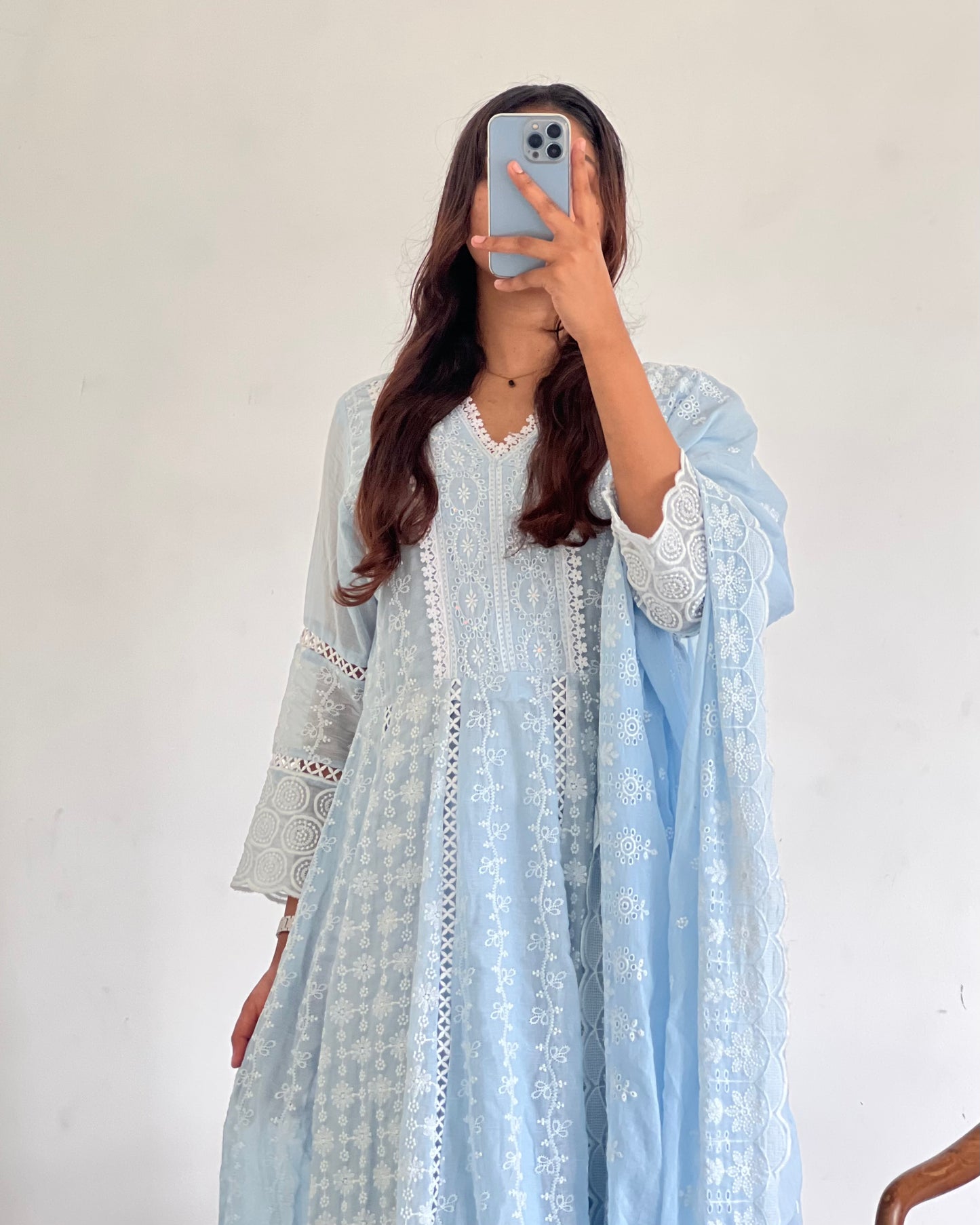 Powder blue cotton thread-work Anarkali set