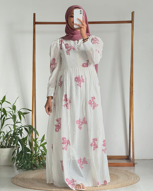 Embroidered pleated gown