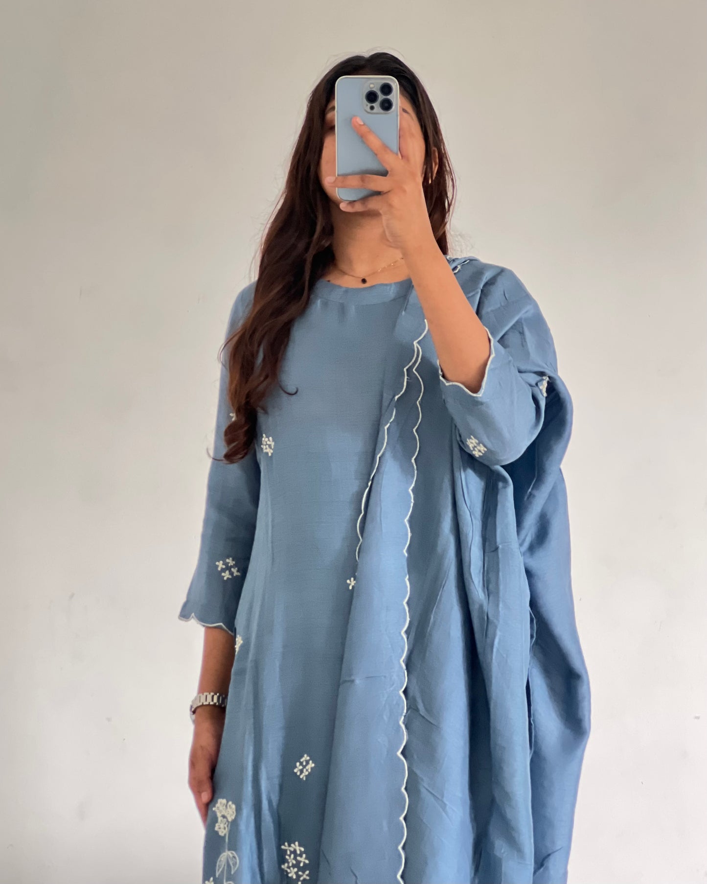 Light blue Straight-cut machine embroidery salwar
