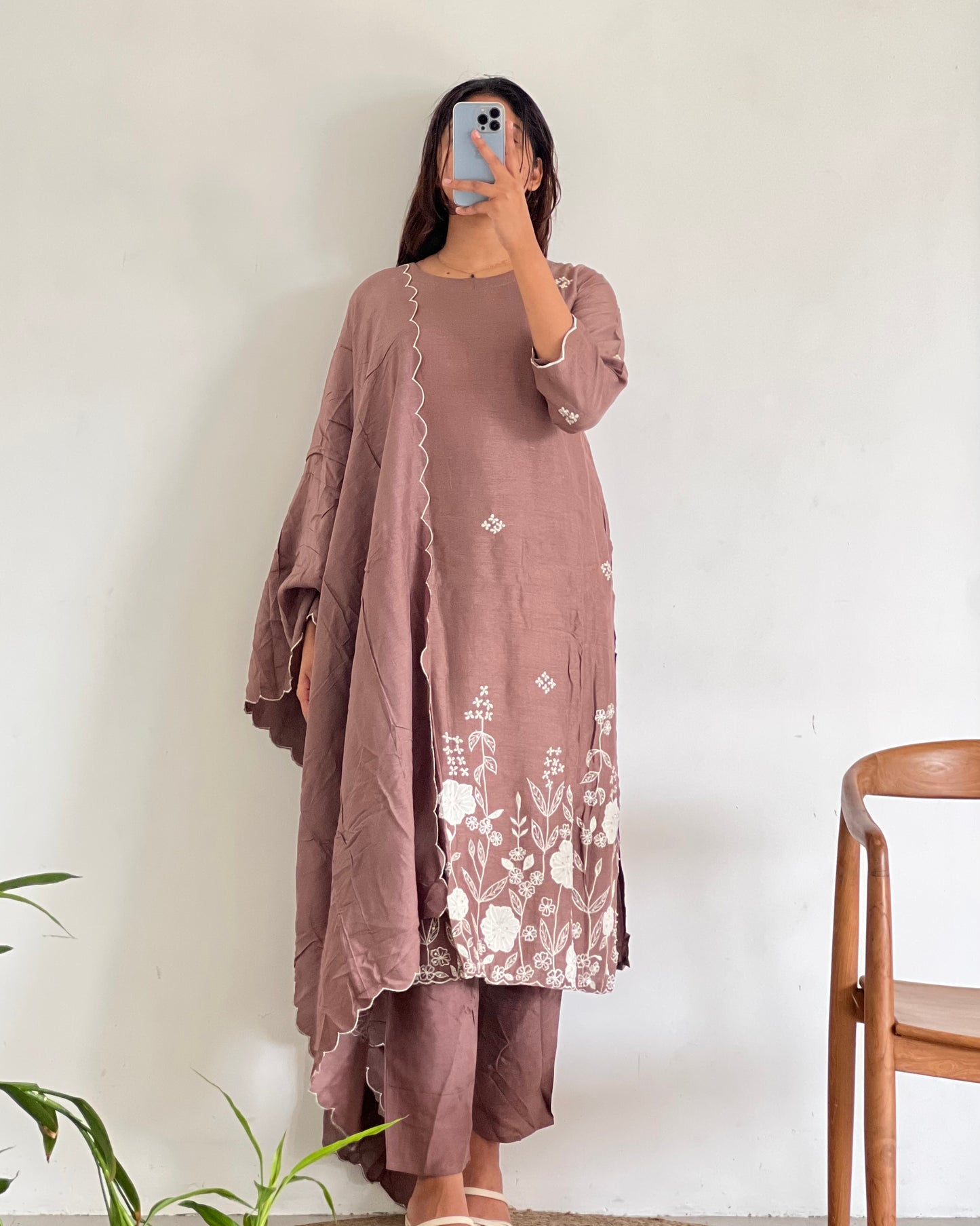 Light brown Straight-cut machine embroidery salwar