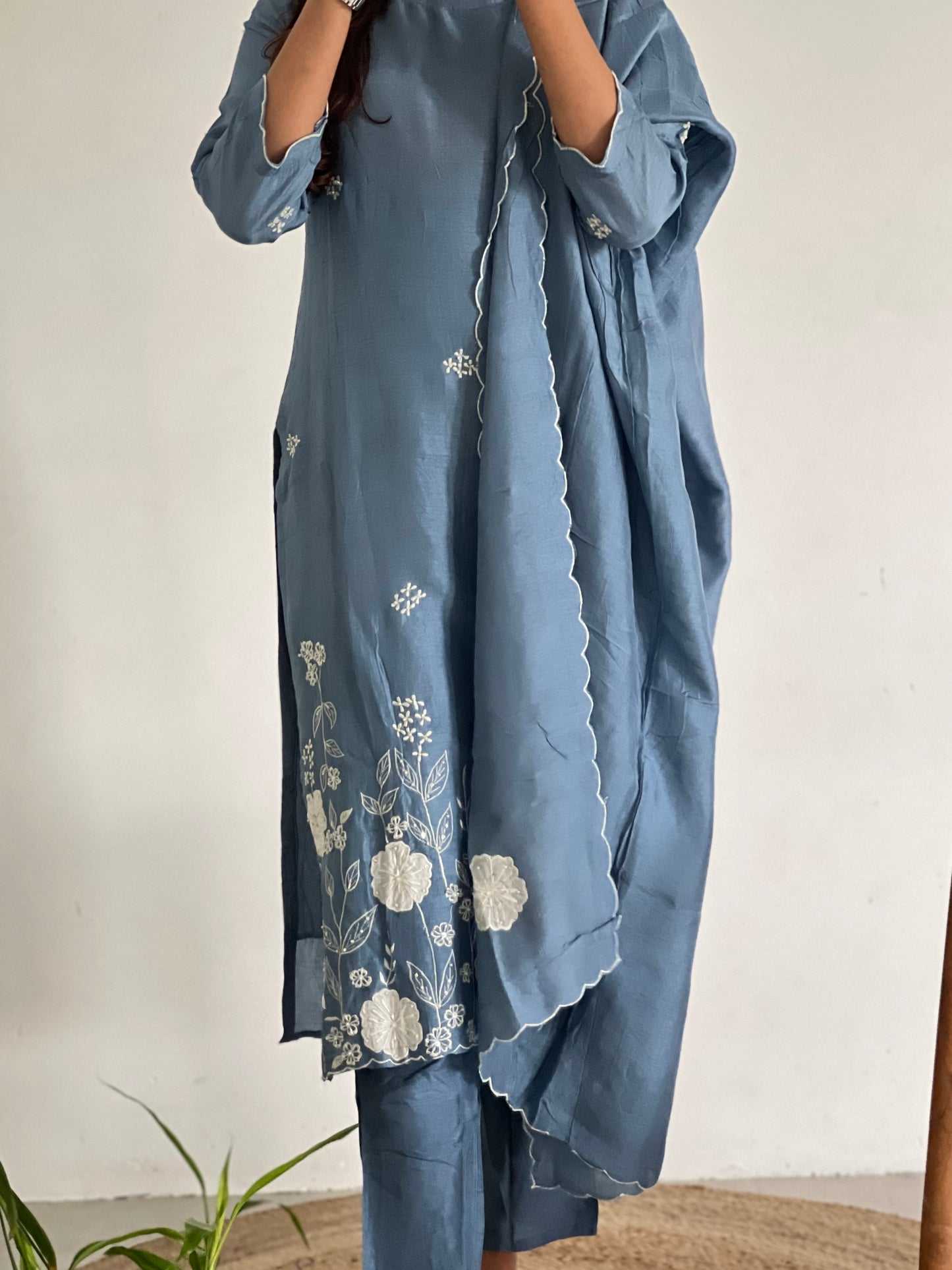 Light blue Straight-cut machine embroidery salwar