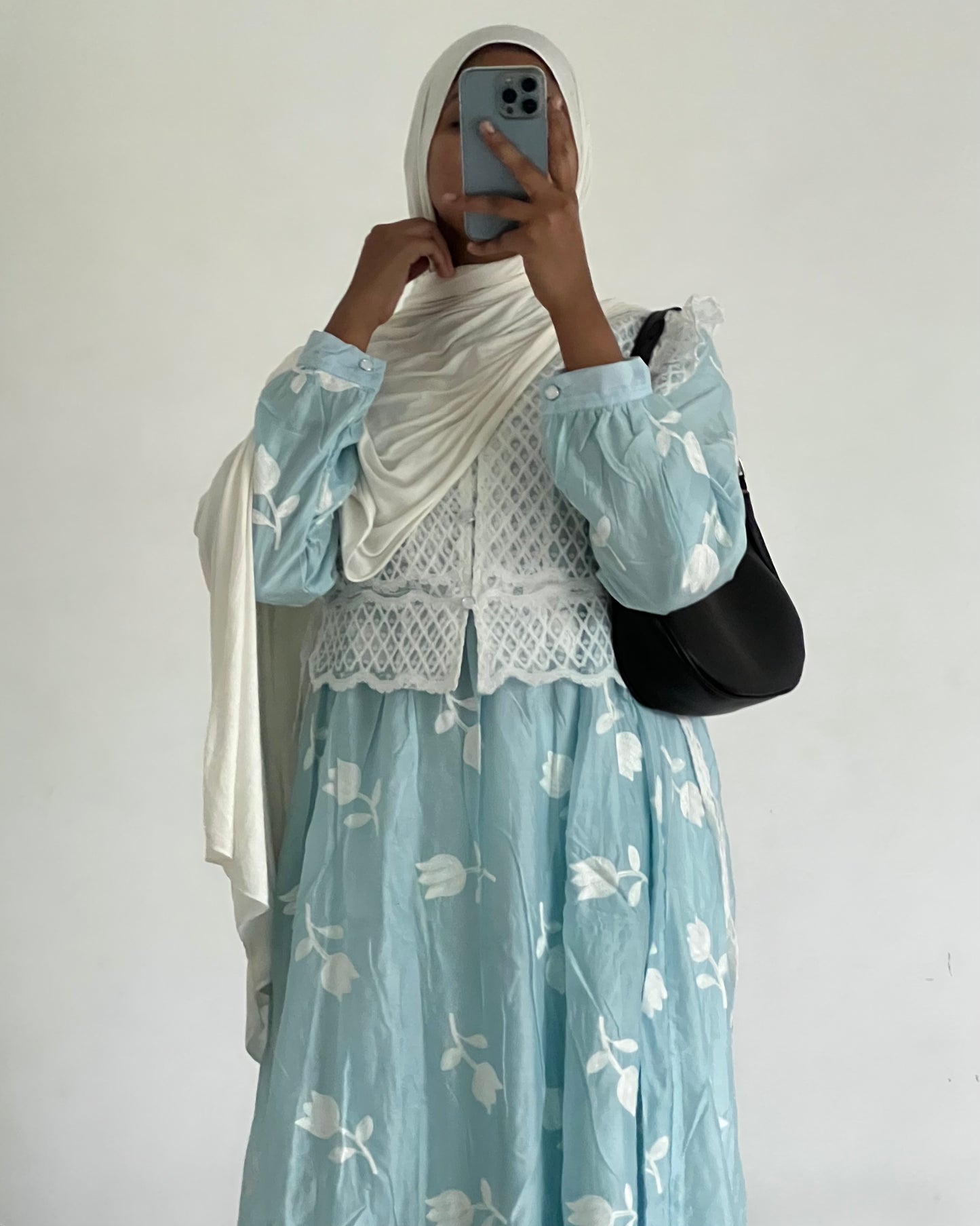 Lightblue & white floral machine embroidery dress with lace