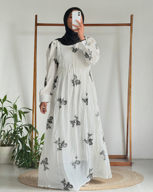 Embroidered pleated gown