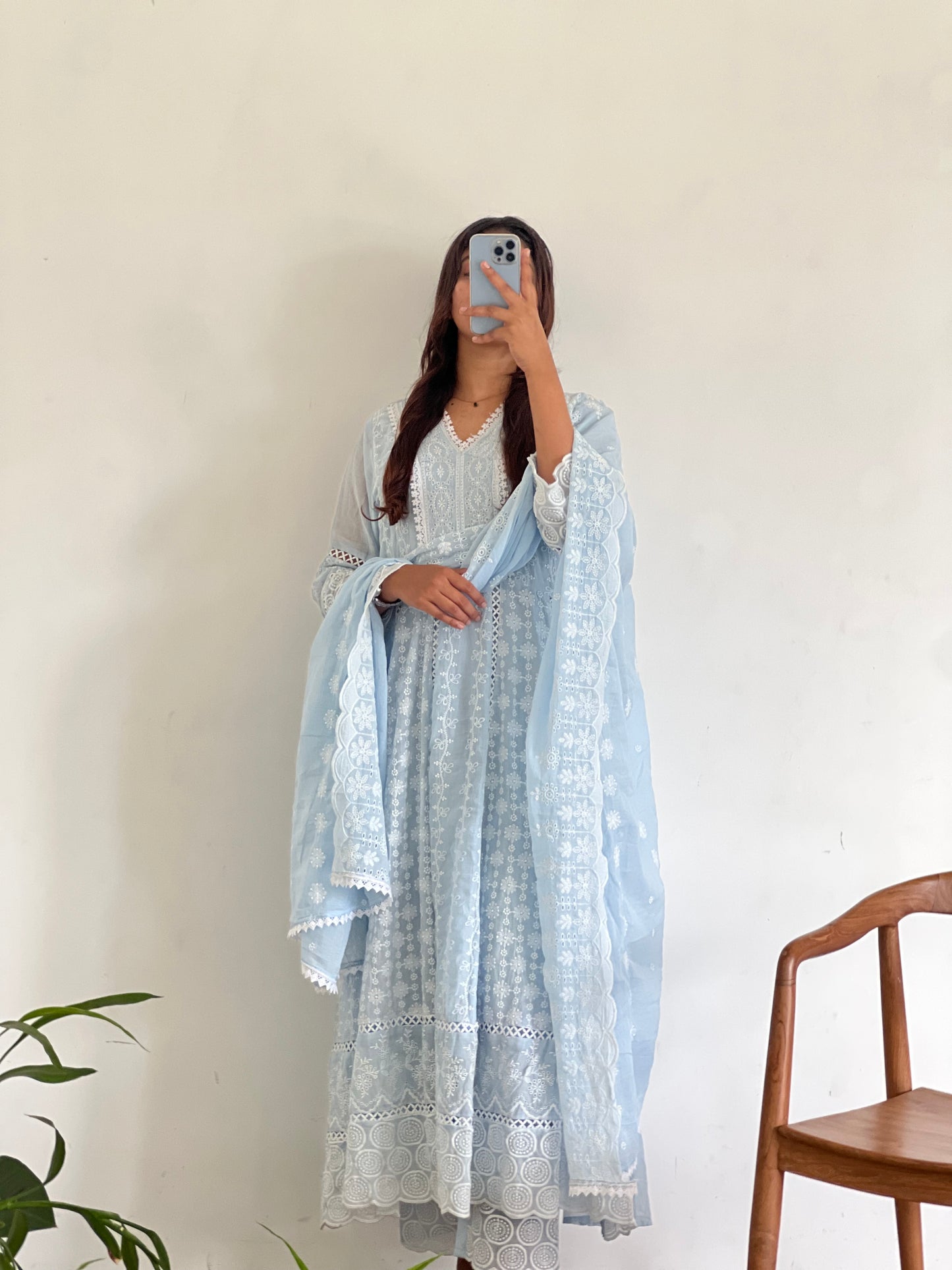 Powder blue cotton thread-work Anarkali set