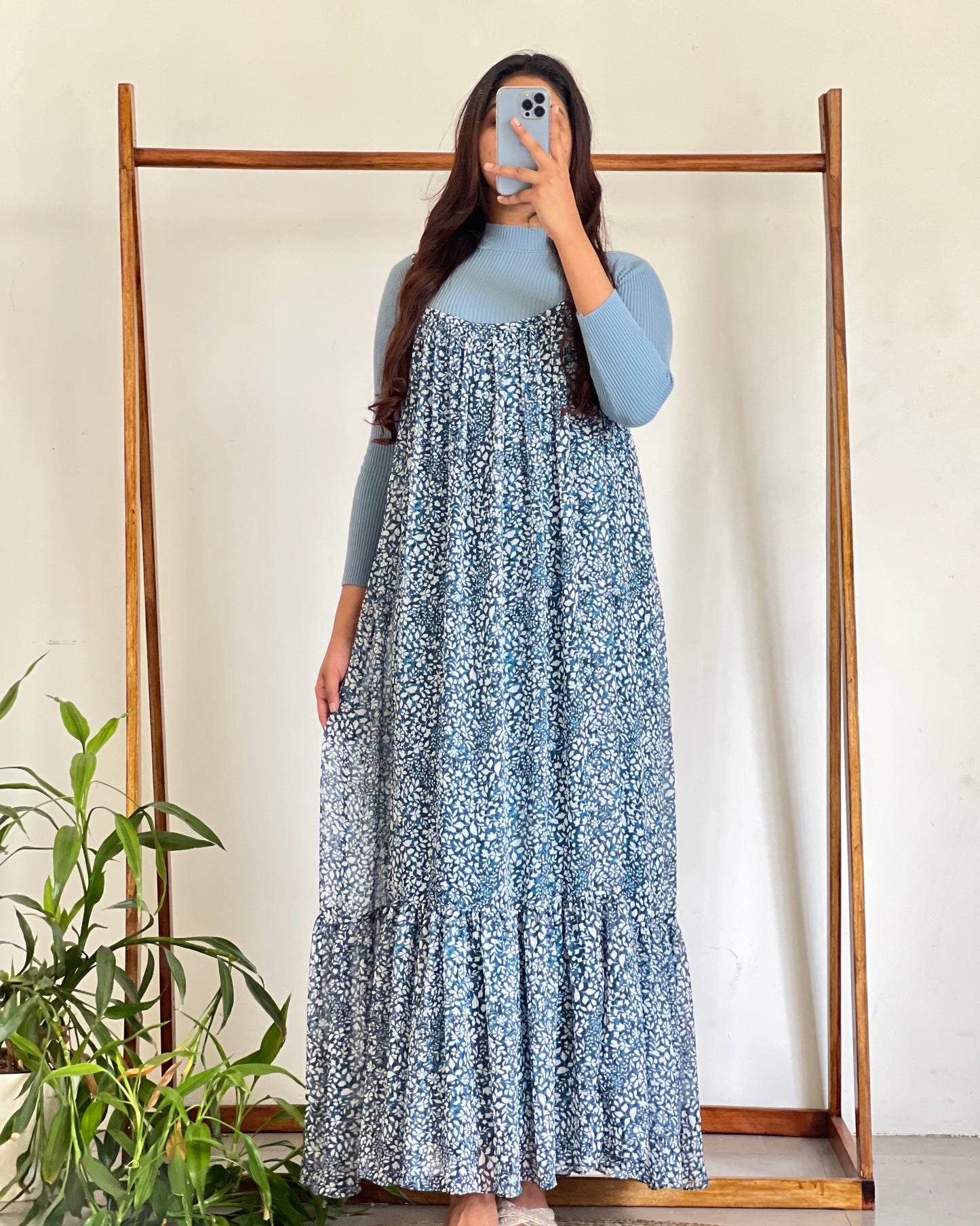 Blue printed pinafore with inner