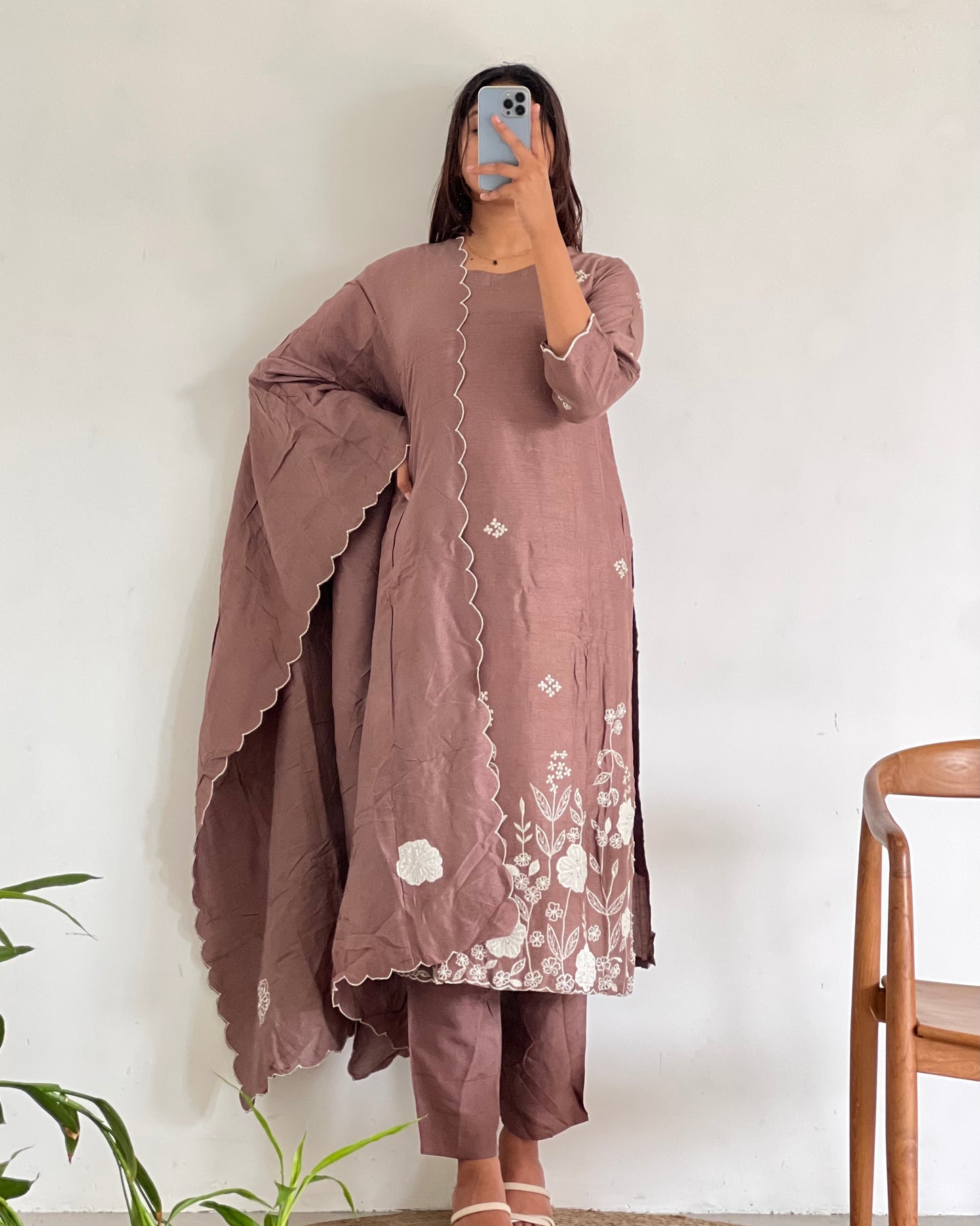Light brown Straight-cut machine embroidery salwar